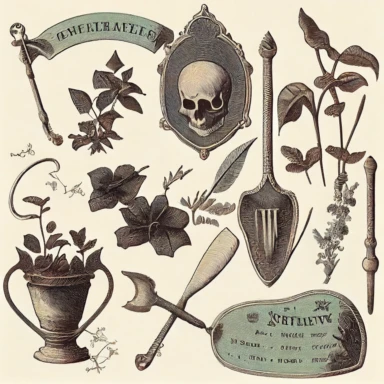 16 vintage victorian ephemera clipart items poison plants, shovels, scythes, hanged men, knives, and other mystery elements
