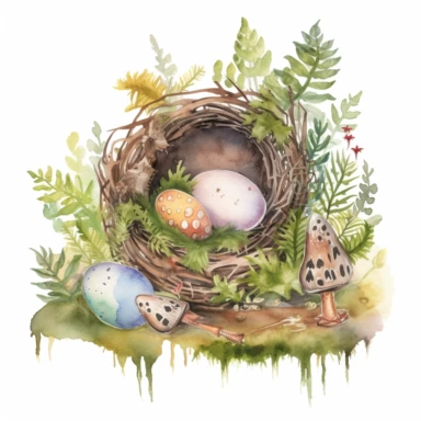 Illustrate a watercolor nest filled with magical eggs, surrounded by whimsical forest elements such as mushrooms, ferns, and moss-covered logs. This design can be incorporated into various clipart compositions or used as a standalone element for birth or new beginnings-themed projects.