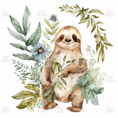 watercolor clipart funny sloth with plants white background