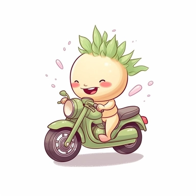 Create a clipart of a cute vegetable onion riding a motorcycle. Pastel colors. Kawaii style. White Background, soft lighting.
