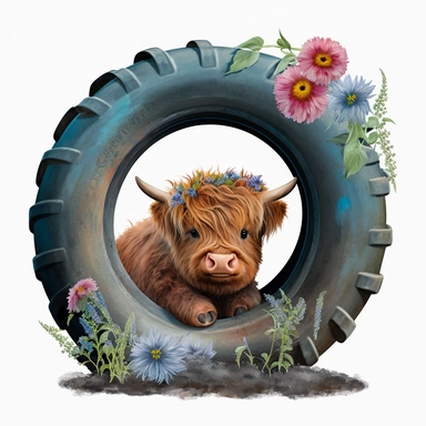 Detailed watercolor Baby highland cow tractor tyre with flowers, realistic, isolated on a white background, clipart sitting inside a tractor tyre with flowers
