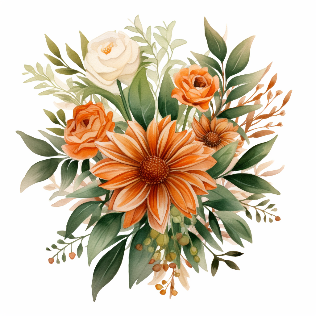 burnt orange flower bouquet, soft natural colors, with green leaves ...