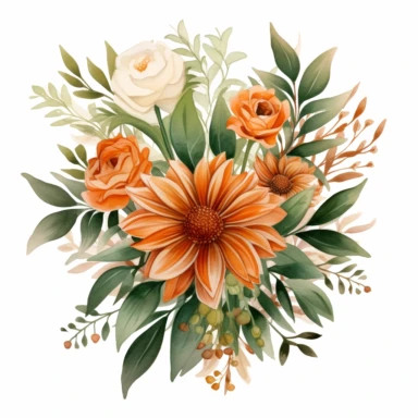burnt orange flower bouquet, soft natural colors, with green leaves, with wood, watercolor, uplighted, white background, 300 dpi, suitable for a clipart, no frame, no mock up
