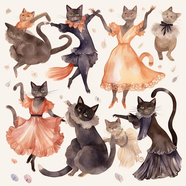 watercolor clipart, cats, dancing, Art Nouveau, highlty detailed