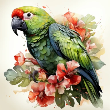 hyperrealistic ultra detailed watercolor clipart, green parrot with jungle flowers, white background, in the style of digital print, clipart, illustration, sticker, ultra high definition, rich details, 32K, HD