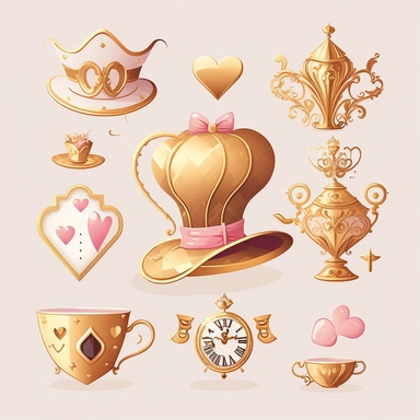 collection of hat , teapot,book, teacup, hearts cards, big crazy hat, gold melting clock , hourglass, queen of hearts , hearts paying cards vector clipart gold and light pink on white background