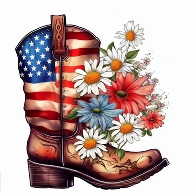 American flag with Cowboy boots Flower Sublimation Clipart, Cartoon funny, Cute anime, Very detailed, firework fullcolor background