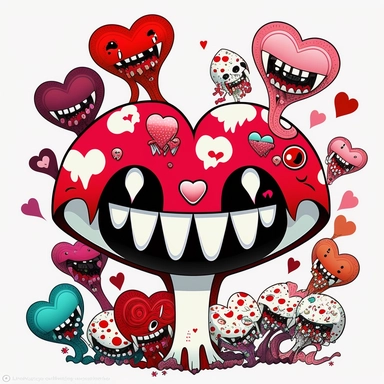 smiling cute evil mushrooms clip art, birthday, party, teeth, monster, grin, dancing, kissing, hearts, white, pink, red, black, intricate details, white background