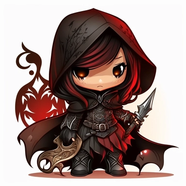 chibi female hooded rouge wearing black leather holding dagger in each hand, dungrons and dragons, clipart