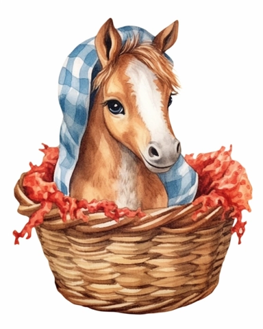 detailed watercolor Baby Horse on a basket with cap , hyper realistic, isolated on a white background, clipart