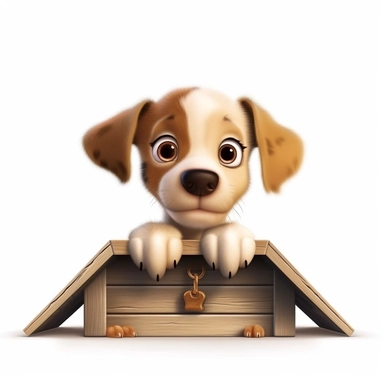 Picture a curious clipart puppy with wide eyes and a raised paw, peering over the edge of a doghouse, filled with anticipation and wonder against a clean white background.