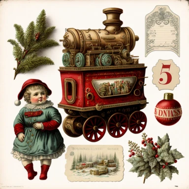 die-cut christmas clipart vintage ephemera, victorian toy, photorealistic drawing, isolated on white background, NO: [“watermark, signature, write, number, word”]