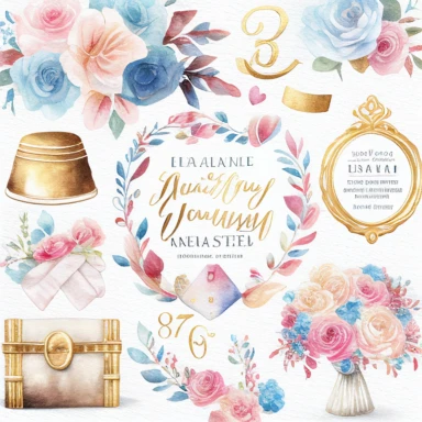 watercolor marriage anniversary clipart collection, white background, white, pink, blue and gold illustrations