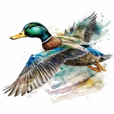 a mallard duck flying clipart with watercolor illustration