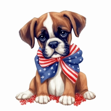 digital clipart, solid white background, a Boxer cute little puppy wearing 4th July clothes and accessories