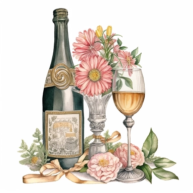 watercolor and ink styling, boho florals with champagne bottle and glasses in sage and blush tones, clipart on plain white background, garden vibes, super high detail ultra precision 16k HD, clean crisp brushwork, painted by Beatrix Potter