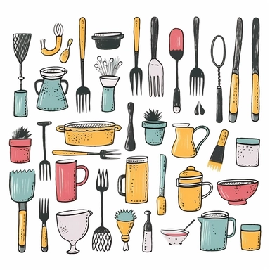 Hand-drawn colorful clipart of vintage American utensils on a white background. Features a retro aesthetic with a touch of whimsy. Perfect for restaurant menus, cookbooks, or food blogs. Includes fork, knife, spoon, and other utensils. Illustrations are high-quality and can be easily resized without losing quality.