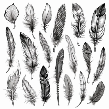 feathers clipart, scribble, tattoo style, hyper detailed, white background, vektor, black and white, indian decor