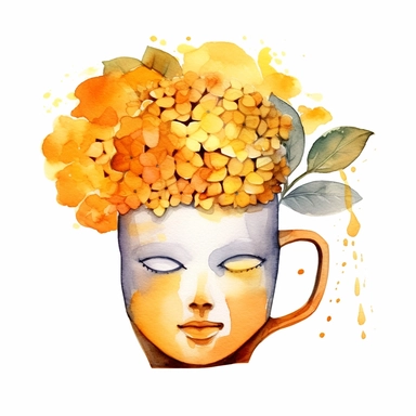 watercolor clipart, drawing of a ceramic mug in the shape of a funny head, mug shape cute face, cup in the shape of a head, yellow cup with orange hues, in a cup hydrangea