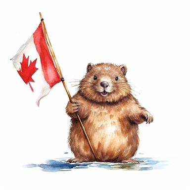 Design a detailed watercolor clipart featuring a beaver holding a canada flag. Depict it in a playful and artistic style, emphasizing their connection to Canada. Ensure each clipart is isolated on a clean white background, with a file size of 120K