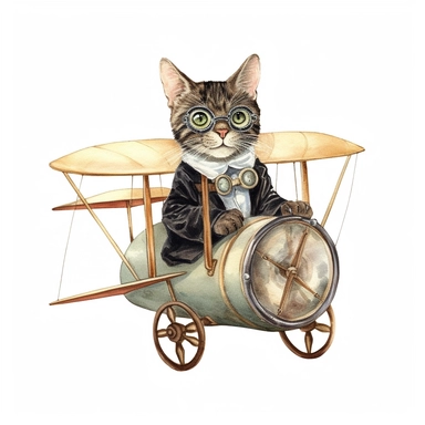 Cute cat with black glasses wearing vintage clothes and driving a Wright Brothers vintage aeroplane, Sublimation graphics, by Beatrix Potter, watercolour clipart, unique design, print on demand image, transparent PNG background, white background, 8k,--uplight