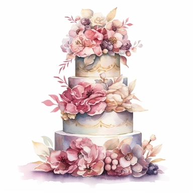 Create a stunning watercolor clipart featuring an exquisite and intricately designed wedding cake. Use a vibrant color palette to bring out the beauty and elegance of the cake. Incorporate delicate details, such as intricate lace patterns, cascading flowers, and ornate tiers. Apply gentle brushstrokes and blending techniques to achieve a soft and dreamy watercolor effect.
