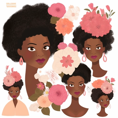 animated clipart bundle african american mother concepts, clipart bundle with beautiful flowers, beautiful faces, beautiful eyes and differential body types and skin tones, harlem Renaissance, Mother's Day White background