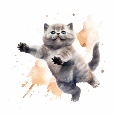 hand painted watercolor clipart, gray cream black colored british shorthair kitten jumping in the air and leaping forward wants to grab something, profile view, excited expression on face, childlike innocence and excitement, full body visible, hairs are visible, visible tail, I can't believe how cute, professional watercolor drawing, watercolor paper texture on drawing, isolated on white background