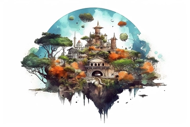 Watercolor, Craft a planet with a city built atop the branches of a colossal, ancient tree clipart, hd, on a white background, spaced out