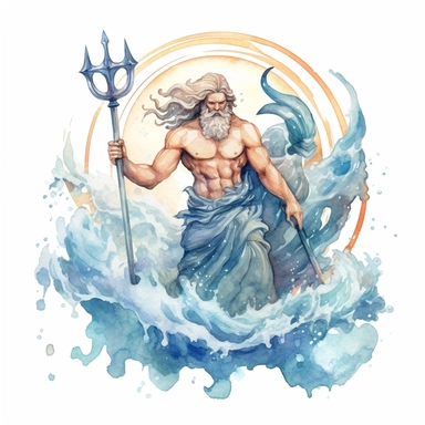 A watercolor clipart of Poseidon, the Greek god of the sea, depicted with a commanding presence, holding a trident and surrounded by crashing waves and sea creatures, capturing the essence of his dominion over the oceans