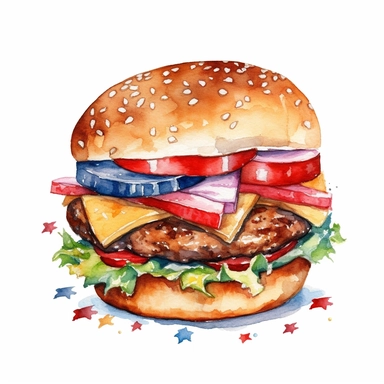 watercolor 4th of july burger clipart with white background