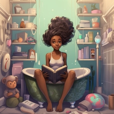 african american teenager girls stuck in a bathtub with books in the white house bathroom in the style of dr. seuss with a simple pastel color palette clip art--ar 10:8