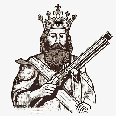 a 2d vector of a king wearing a finnish crown holding an 1660's flintlock rifle in a vertical position,clipart,simple,symmetrical, in the style of handdrawn illustration, precisionist art, american prints 1880–1950, blink - and - you - miss - it detail, textural explorations,white background