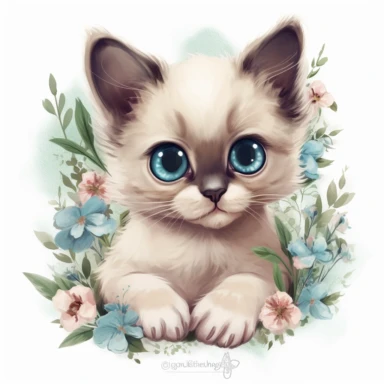super cute newborn baby siamese fluffy kitten clipart with huge cute baby blue eyes extremely happy excited smiling mouth painted in watercolor style, splashes, muted pastel blush pink and muted pastel sage green and muted pastel sage blue eucalyptus and peony flowers, white background jasmine becket griffith style hyper-realistic photorealistic hd