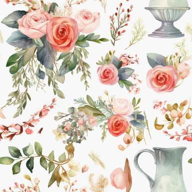 Design a set of watercolor-style digital cliparts specifically for wedding and event decorations. The cliparts should include elements such as flowers, garlands, wreaths, ribbons, and romantic symbols like hearts and doves. Consider various color palettes and styles to cater to both traditional and modern weddings and events. The cliparts should be versatile and suitable for use in invitations, save-the-date cards, menu cards, table cards, seating charts, and other decorative elements