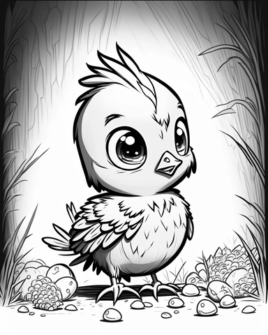 cute chick in barn with hay for children’s coloring book, cartoon style, thick lines, no shading assasinmonkey, duplicate faces, blurry, drawing, cartoon, illustration, painting, concept art, cgi, unreal, anime, black&white, b&w, picture frame, deformed, bad anatomy, disfigured, poorly drawn face, mutation, mutated, extra limb, poorly drawn hands, done by bad-artist, ugly, dazed, 3D render, 3D game, 3D game scene, 3D character, mosaic, painting, digital art, anime, doll, toy, photoshop, video ga