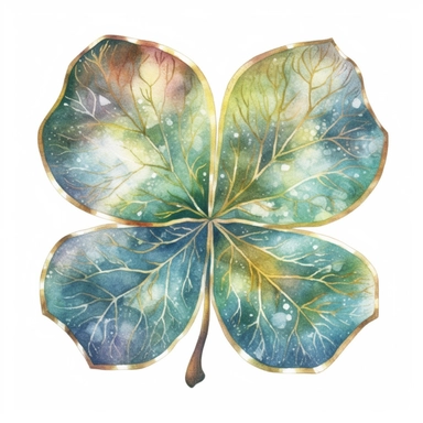 watercolour painting of a beautiful magical four-leaf clover, sparkling magic, high definition, rich colours, colorful, glitter, illustration, fantasy, in the style of Stephanie Pui-Mun Law, clipart, white background