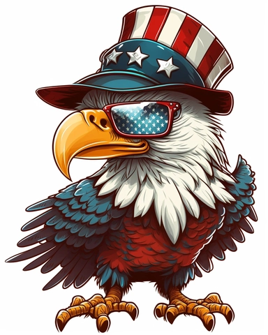 Patriotic Eagle wearing American flag sunglasses And Hat, cartoon style,upbeat celebration mood,vintage styl, clipart graphic,vector,contour,white background,