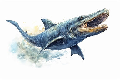 Watercolor, Illustrate the long, slender body and sharp fangs of a Basilosaurus swimming in ancient oceans clipart, hd, on a white background, spaced out
