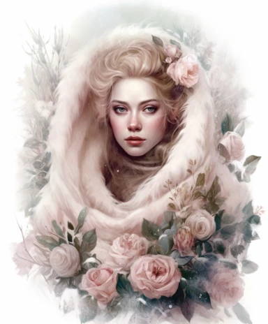 isolated on white illustration watercolor art of a portrait of beautiful feminine princess, overgrown with white and light pink roses and flowers, covered with snow and ice, a lot of moss and branches, lace and embroidery, trees, fur cape, masterpiece by Tom Bagshaw style and by Hans Zatzka style and by James C. Christensen style and by Alexander Jansson style, Baroque fashion, PNG clipart, isolated on white, white background, extreme photorealistic details, 32k HD resolution, realistic high det