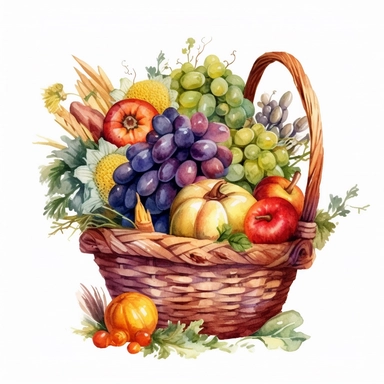 watercolor colorful clipart of a bountiful cornucopia, hd, on white background