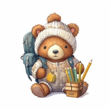 super-cute knitted baby bear with backpack and student book, knitted style, Perfect for nursery art and children's book illustration style, simple, cute, full color, clipart, watercolor illustration, single object, high definition 8k, white background for removing background