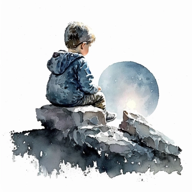 Litlle boy is sitting on a rock watching the moonlight, Moonlight Boy, splash , watercolor by Thomas W.Schalle, clipart, white background