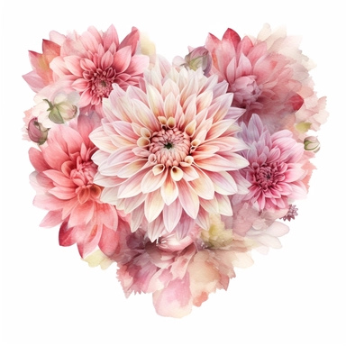 a heart shape made with soft pink and pastel pink Dahlia flowers, wet on dry watercolour style, antique look, clipart, white background