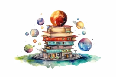 Watercolor, Design a planet with a massive, floating library housing the collective knowledge of the universe clipart, hd, on a white background, spaced out