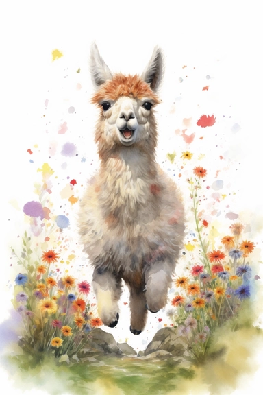A highly detailed watercolor drawing of an adorable baby alpaca frolicking on a rolling wildflower hill on white background. The alpaca is captured in a playful and joyful moment, with its fluffy coat bouncing as it jumps and runs through the vibrant wildflowers. The watercolor depicts the intricate details of the alpaca's features, including its expressive eyes, cute ears, and endearing smile. The drawing showcases the alpaca's interaction with the colorful wildflowers, with petals and blooms s