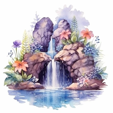 Clipart, isolated on white background, beautiful cute Watercolor Spring waterfalls through the stones, forest woodland nature landscape scenery, plants and flowers, ornated, pastel colors