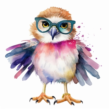 please create watercolor clipart of a hawk smiling, wearing party GLASSES AND BALLET SKIRT, colorful, WHITE BACKGROUND