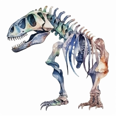 Watercolor dinosaur skeleton clipart, white isolated background, space out, hd