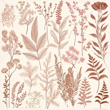 clipart of herbs, with ferns and flowers, in the style of light crimson and light beige, minimalist backgrounds, emile claus, delicate linework, metallic surfaces, light pink and light bronze, chalk, white background